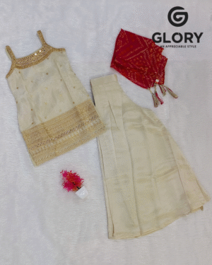 Girls Golden Mirror-Work Kurti Sharara Set with Bandhej Dupatta