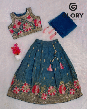 Girls Teal Embroidered Lehenga Choli Set with Dupatta