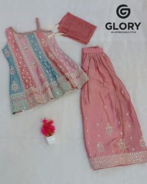 Elegant Pink–Blue Embellished Girls Palazzo Outfit