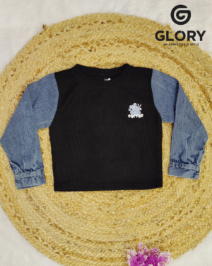Girls Black Ribbed Top with Denim Sleeves | Stylish Casual Cactus Patch Top