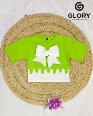 Girls Green Top with Big White Bow | Stylish Short Sleeve Party Wear Top