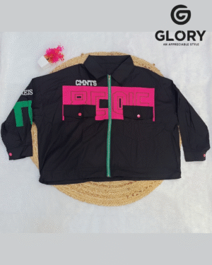 Women Black Stylish Zipper Jacket Top with Neon Patch Work