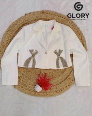 Women White Party Wear Cropped Jacket with Stylish Bow Embellishment