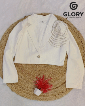Women White Premium Cropped Blazer with Designer Bead Work Flower