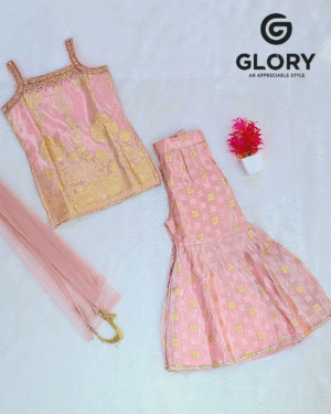 Girls Pink Embroidery Sharara Set with Stylish Top & Dupatta