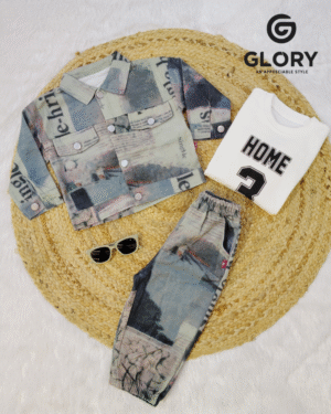 Boys funky Printed Shirt Denim Cord Set with Inner T-Shirt | 3-Piece Stylish Kids Outfit