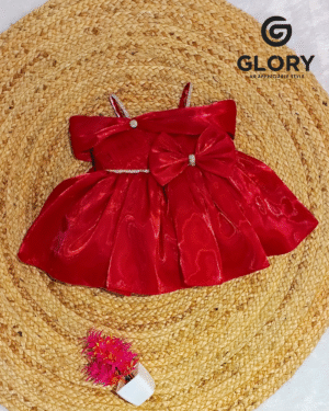 Baby Girls Red Party Wear Frock with Big Bow & Shiny Net Layer | Fancy Occasion Dress