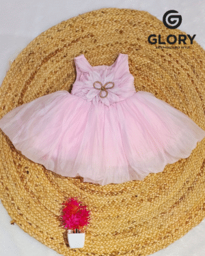 Baby Girls Light Pink Party Wear Frock with Fancy Flower Design & Fluffy Net Flair