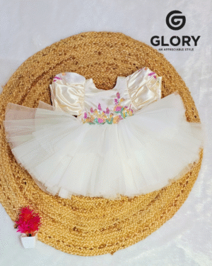 Elegant White Party Frock for Girls with Soft Net Layer, Embroidery  Detail & Princess Flare