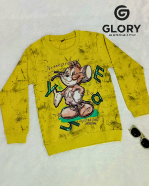 Trendy Boys’ Yellow Full-Sleeve Sweatshirt with Fun Cartoon Graphic Print & Soft Winter-Comfort Fabric