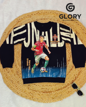 Boys’ Black Full-Sleeve Football-Themed Sweatshirt with Dynamic Player Graphic & Winter-Comfort Fabric