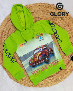 Trendy Boys’ White Hoodie with Vintage Car Print – Soft  Fabric, Full Sleeves & Casual Winter Style