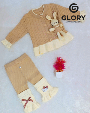 Cute Beige Knitted Winter Wear Set for Baby Girls with Bunny Soft Toy, Stylish Buttoned Sweater & Bow-Detail Leggings