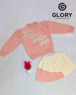 Cute Pink Knitted Winter Top & Cream Skirt Set for Girls with 3D Floral Appliqué and Soft Cozy Fabric