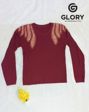 Elegant Maroon Women’s Full-Sleeve Knitted Top with Stylish Shoulder Work & Soft Stretch Premium Fabric