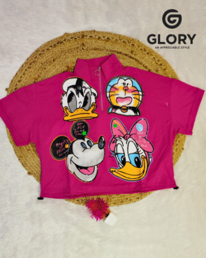 Women Pink Funky Cartoon Print Crop Top | Trendy Zip-Neck Stylish Casual Top