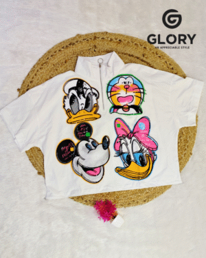 Women White Funky Cartoon Print Crop Top | Trendy Zip-Neck Stylish Casual Top