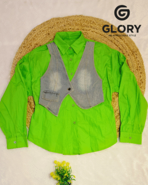Women Green Shirt with Denim Waistcoat Overlay | Stylish Layered Casual Top