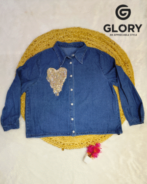Women Denim Shirt with Stone Heart Work | Stylish Full Sleeve Casual Top