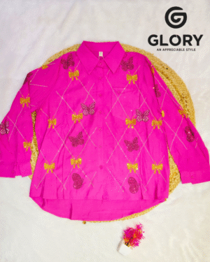 Women Pink Embroidered Shirt with Butterfly & Bow Design | Full Sleeve Stylish Shirt