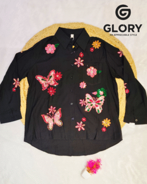 Women Black Embroidered Shirt with Butterfly & Bow Work | Full Sleeve Party Wear Shirt