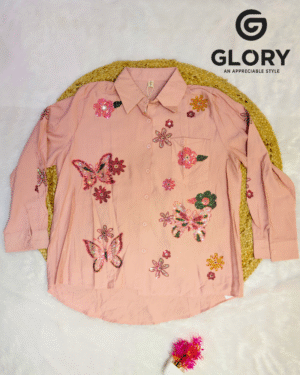 Women Peach Embroidered Shirt with Butterfly & Bow Pattern | Full Sleeve Casual Shirt
