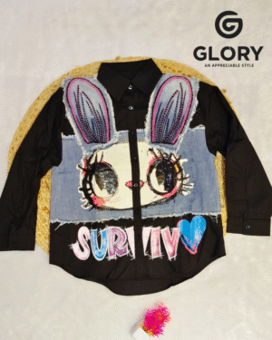 Women Black Funky Printed Shirt | Denim Patch Bunny Graphic Oversized Shirt