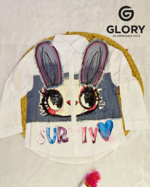 Women White Funky Printed Shirt | Denim Patch Bunny Graphic Stylish Shirt