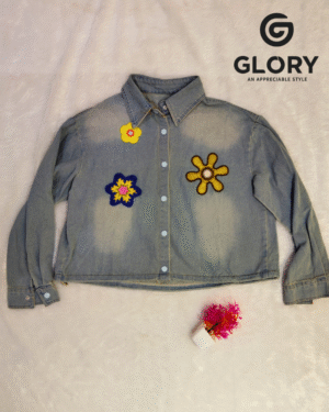 Women Blue Denim Crop Shirt | Floral Patch Work Stylish Casual Shirt