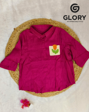 Women Rose Pink Linen Shirt | Floral Pocket Patch Casual Wear