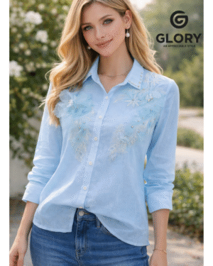 Women Soft Sky Blue Sheer Shirt with 3D Floral Appliqué & Pearl Detailing | Full Sleeve Lightweight Party, Office & Casual Wear Top