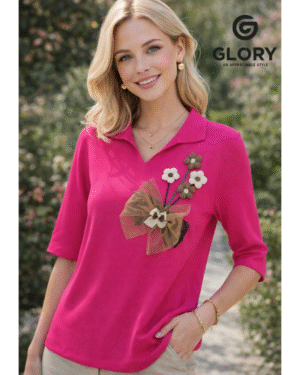Women Pink Solid Casual Top with Floral Applique & Net Bow Detail | Stylish Half Sleeve Everyday Wear Top