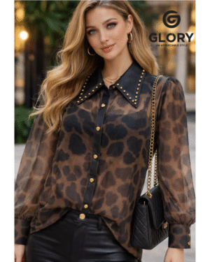 Women Brown Animal Print Sheer Shirt with Studded Collar | Full Sleeve Luxury Party & Casual Wear Top