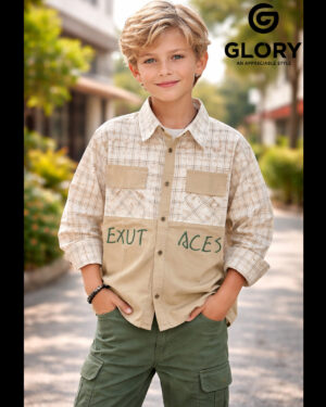 Boys Beige & Cream Checked Printed Casual Shirt with Dual Pocket Design | Full Sleeve Stylish Shirt for Kids