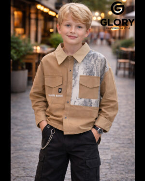 Boys Camel Brown Color Block Casual Shirt with Printed Panel | Full Sleeve Stylish Shirt for Kids