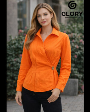 GLORY Women’s Bright Orange Wrap Style Cotton Top with Button Detail | Elegant Full Sleeve Casual & Office Wear Top (Copy)