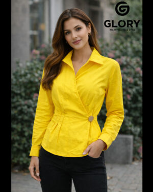 GLORY Women’s Bright Yellow Wrap Style Cotton Top with Button Detail | Elegant Full Sleeve Casual & Office Wear Top